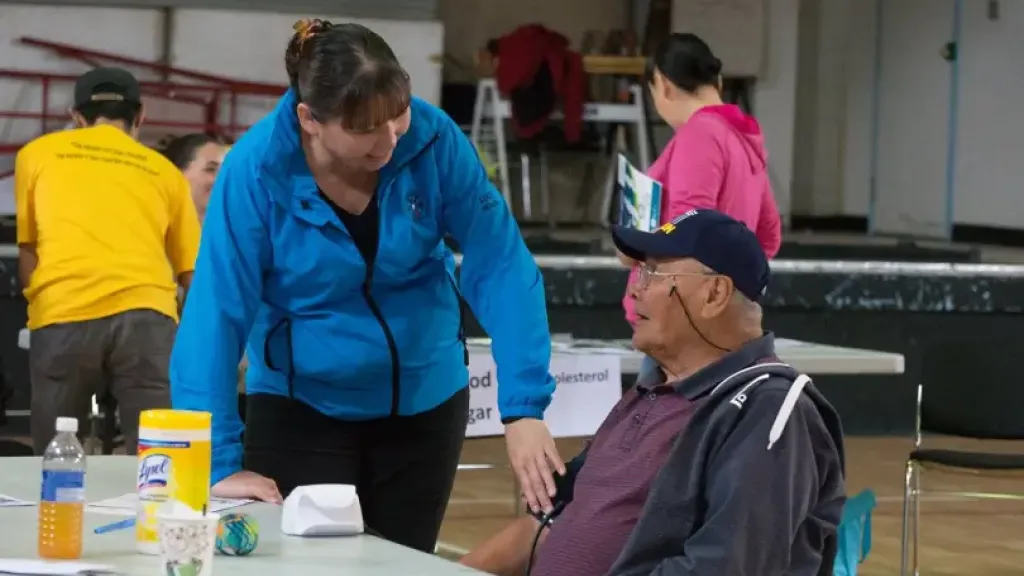 Person talking to sitting elderly person